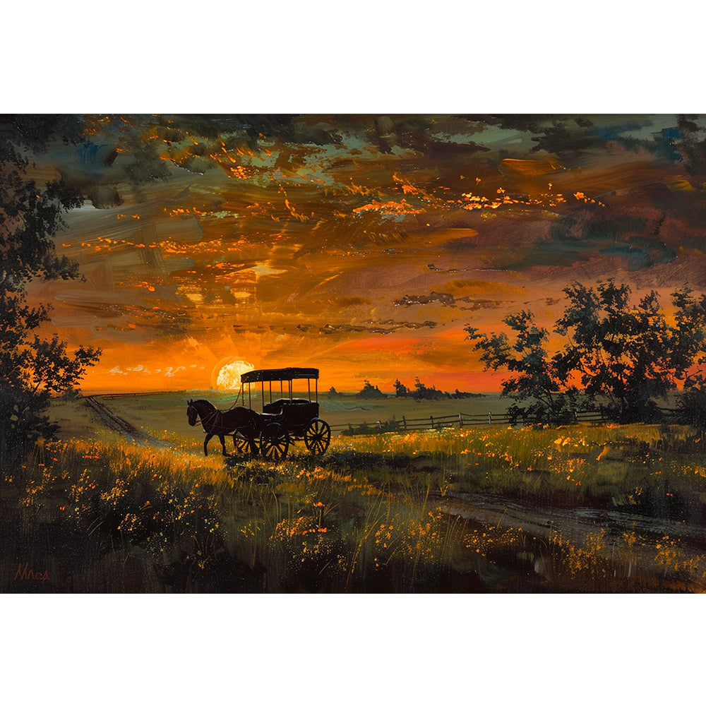 Landscape painting with horse and  horse cart