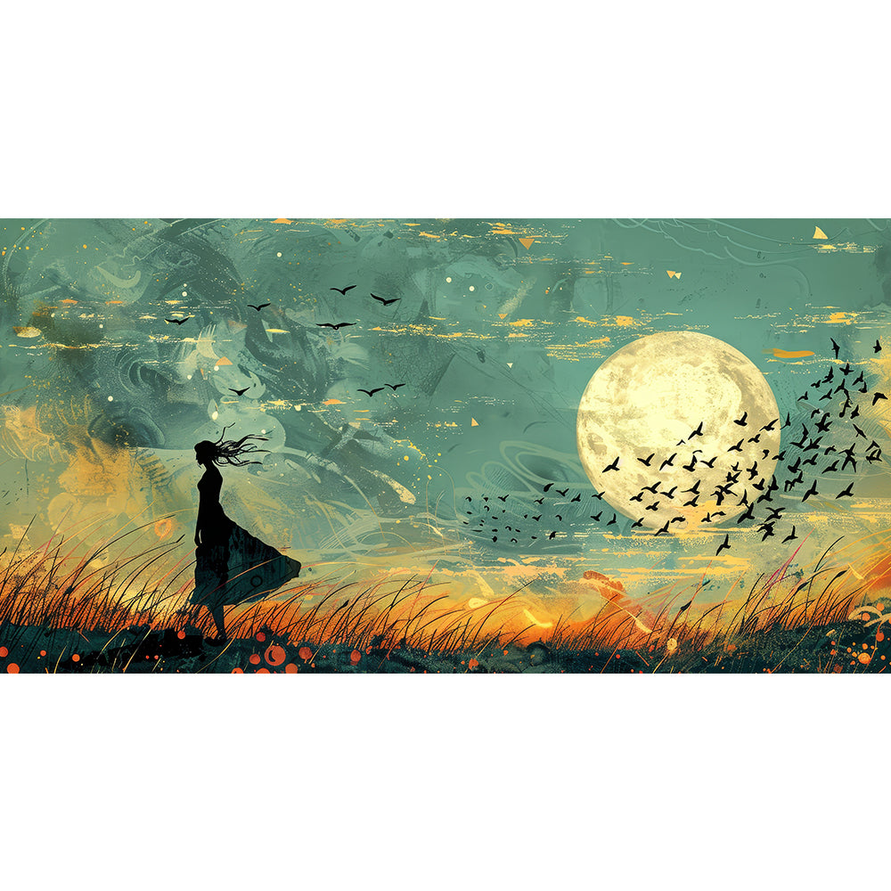 Landscape view and woman against dramatic night sky