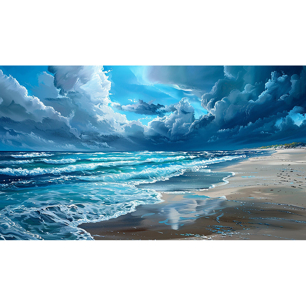 Seascape painting beach scene with ocean clouds sky