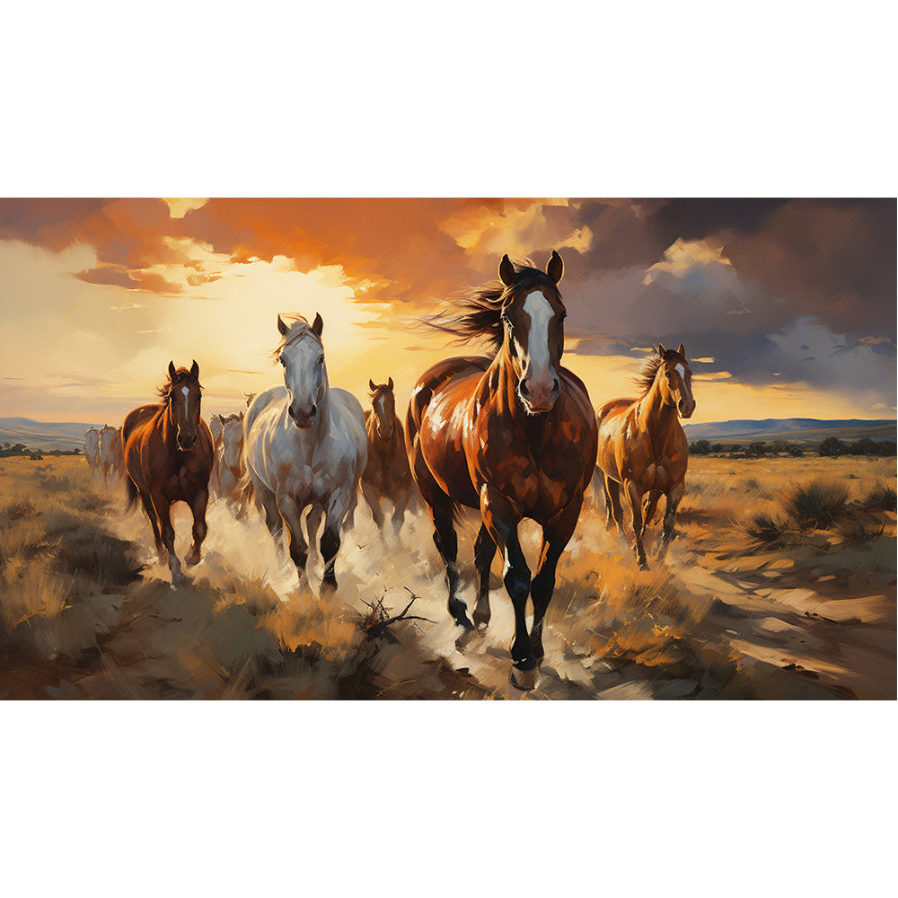 Group of horses running in sunset