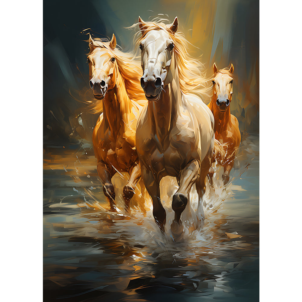 Horses running in water with sky background