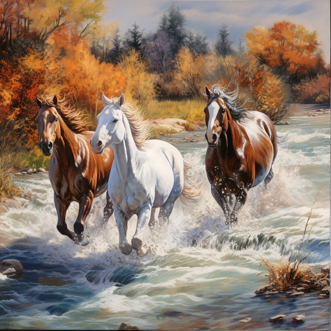 Horses running through river Paintings