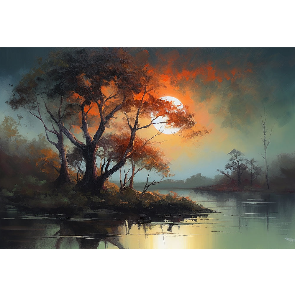 Landscape painting tree water with moon