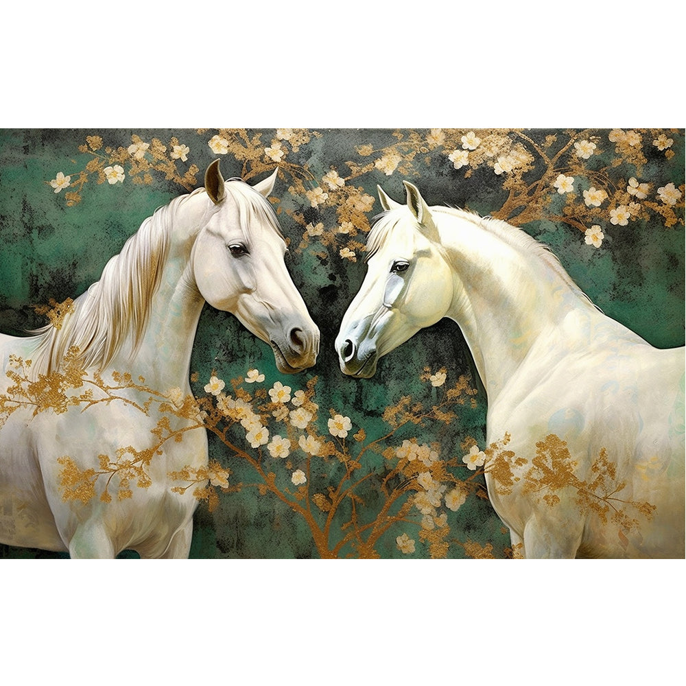 Two horses facing each other with flowers wall