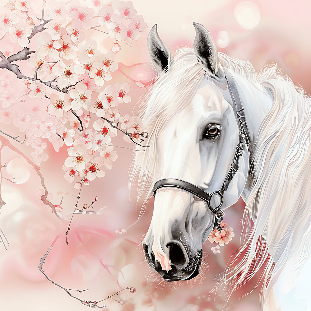 White horse with bridle pink background